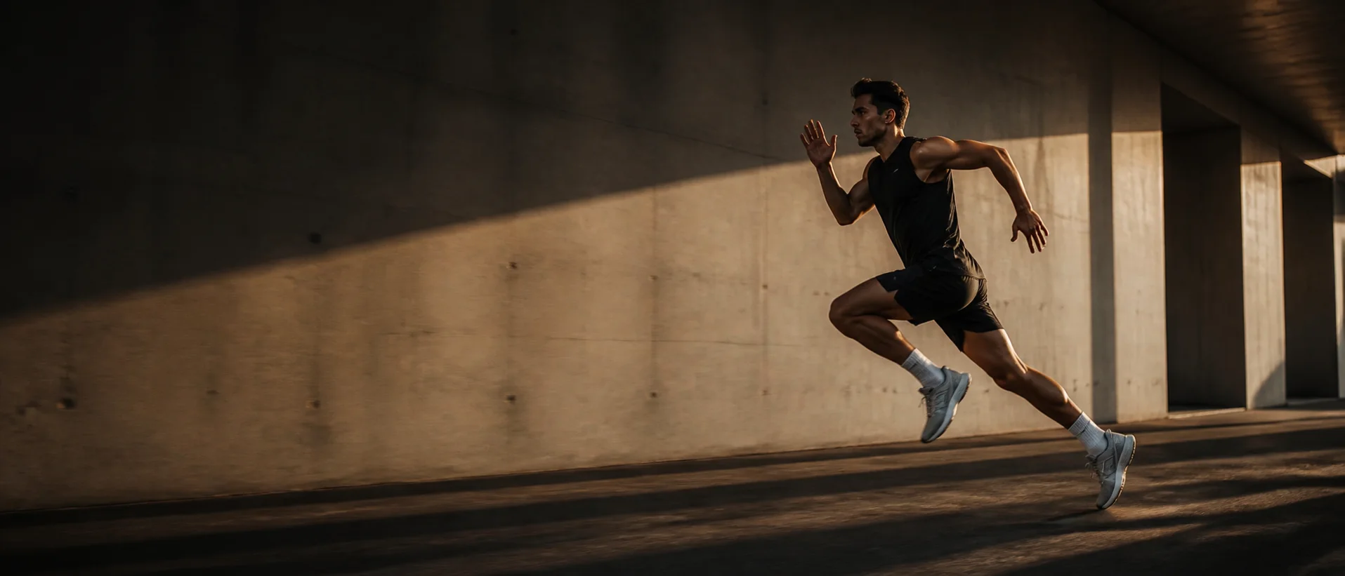 Runner sprinting through a concrete urban training space